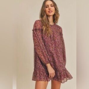 Sadie & Sage "Dear Rosaline" Floral Mini Shift Dress Long-Sleeve Ruffle Dress
